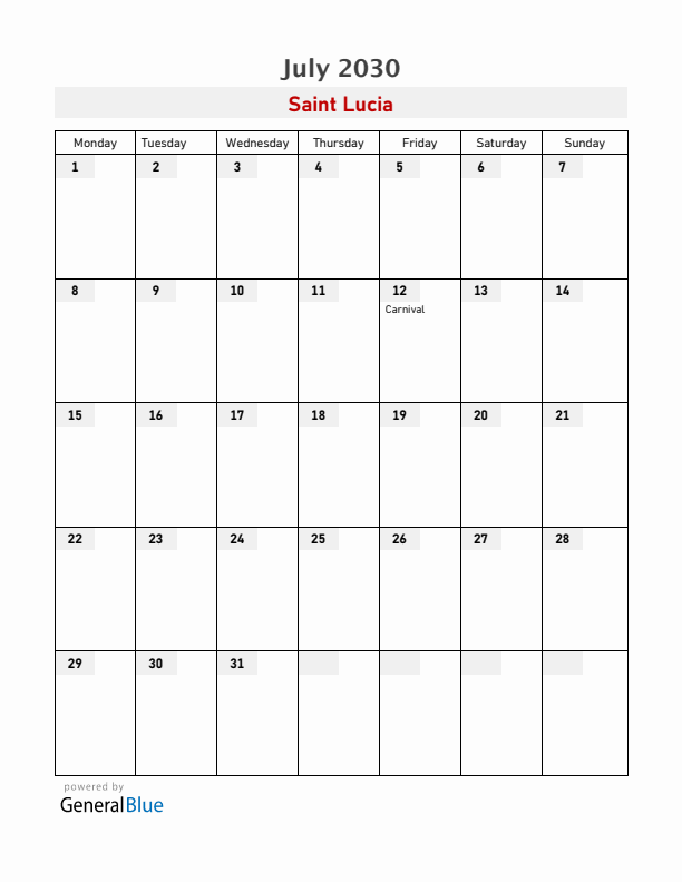 Saint Lucia July 2030 Calendar with Holidays