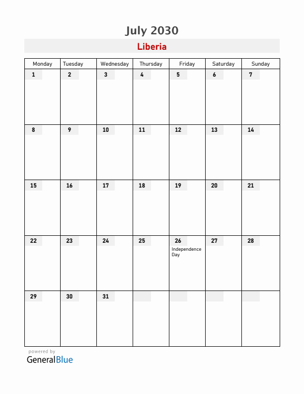 Liberia July 2030 Calendar with Holidays