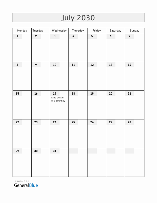 Lesotho July 2030 Calendar with Holidays