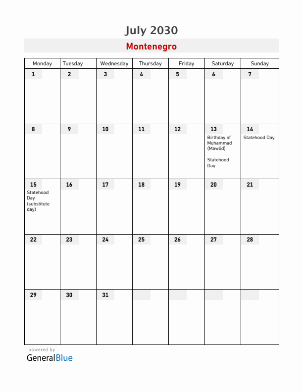 Montenegro July 2030 Calendar with Holidays