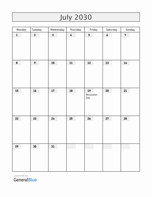 Nicaragua July 2030 Calendar with Holidays