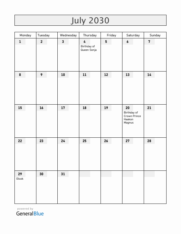Norway July 2030 Calendar with Holidays