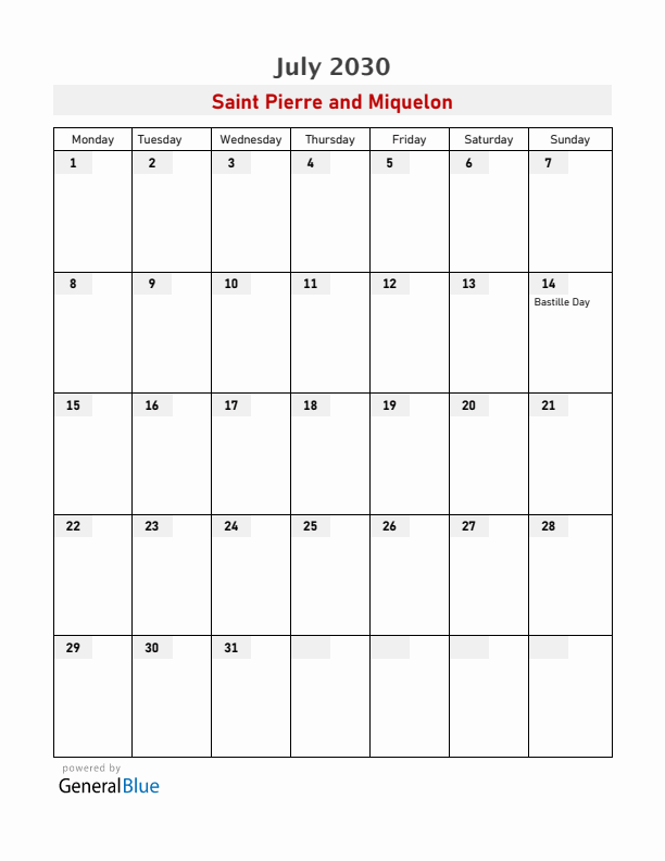 Saint Pierre and Miquelon July 2030 Calendar with Holidays