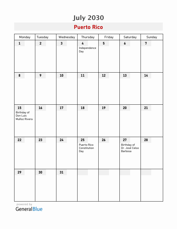 Puerto Rico July 2030 Calendar with Holidays