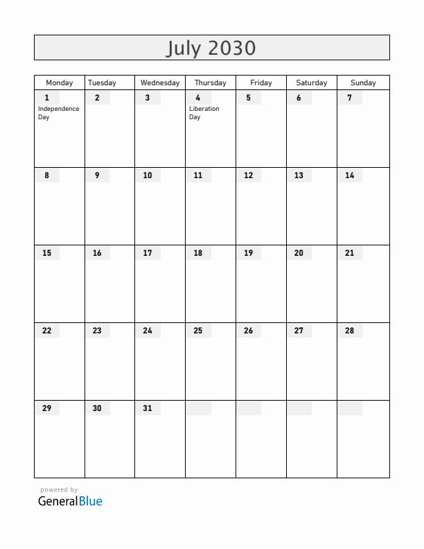 Rwanda July 2030 Calendar with Holidays