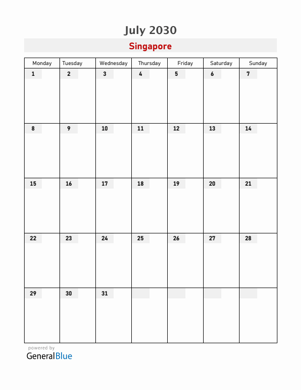 Singapore July 2030 Calendar with Holidays