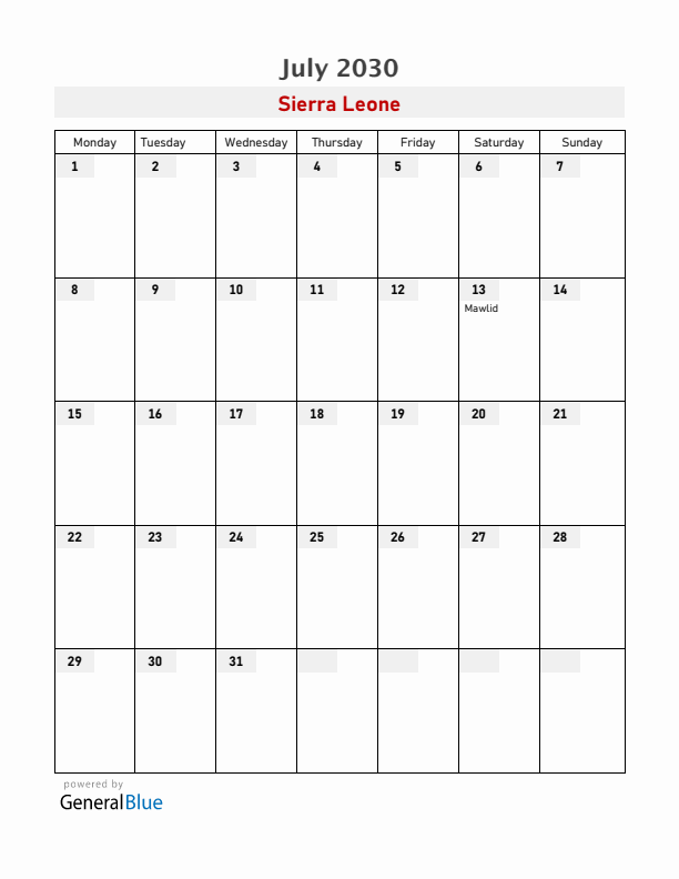 Sierra Leone July 2030 Calendar with Holidays