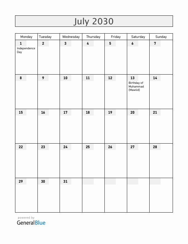Somalia July 2030 Calendar with Holidays