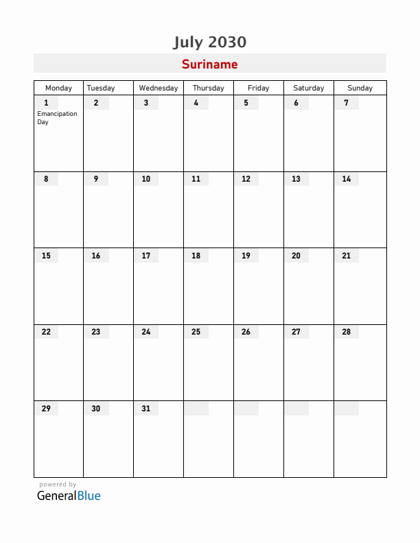 Suriname July 2030 Calendar with Holidays