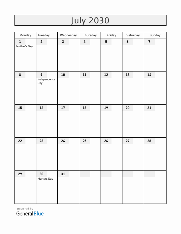 South Sudan July 2030 Calendar with Holidays