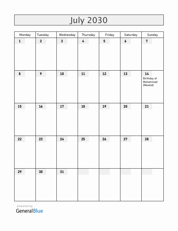 Togo July 2030 Calendar with Holidays