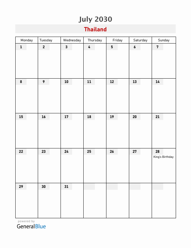 Thailand July 2030 Calendar with Holidays