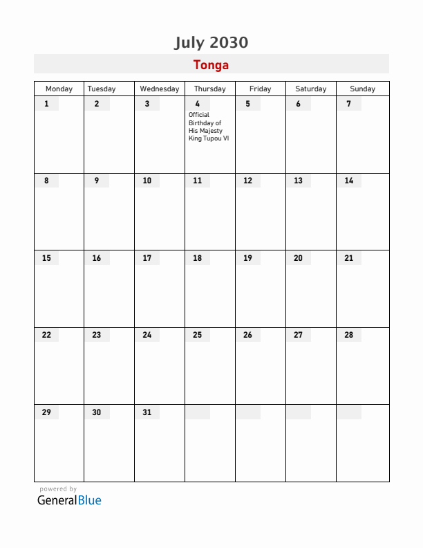 Tonga July 2030 Calendar with Holidays