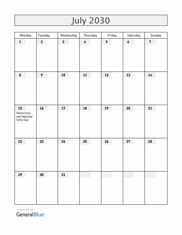 Turkey July 2030 Calendar with Holidays