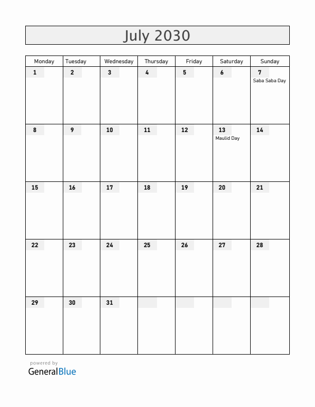 Tanzania July 2030 Calendar with Holidays
