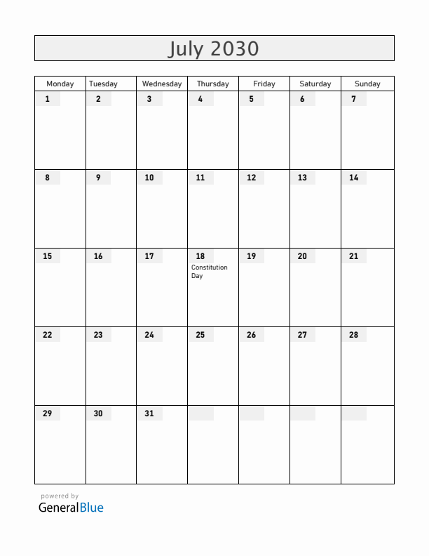 Uruguay July 2030 Calendar with Holidays