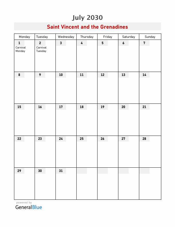 Saint Vincent and the Grenadines July 2030 Calendar with Holidays