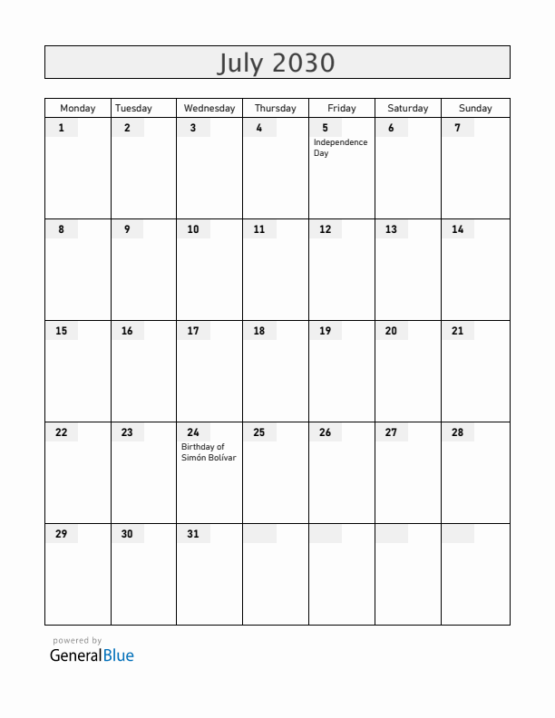 Venezuela July 2030 Calendar with Holidays