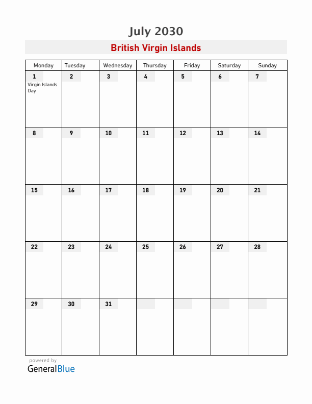 British Virgin Islands July 2030 Calendar with Holidays