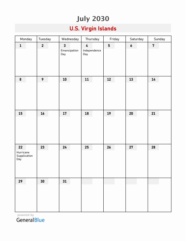 U.S. Virgin Islands July 2030 Calendar with Holidays