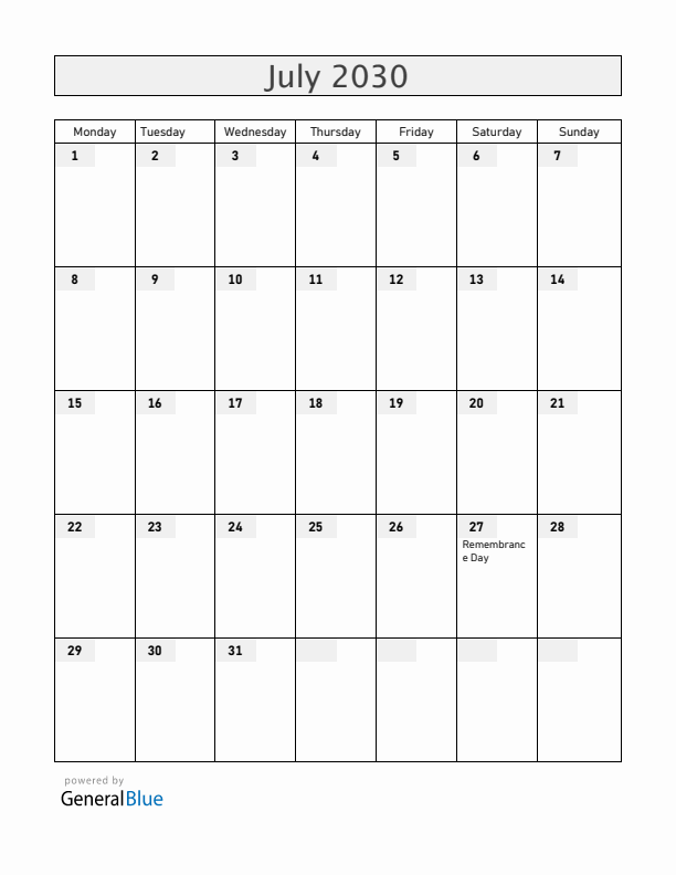 Vietnam July 2030 Calendar with Holidays