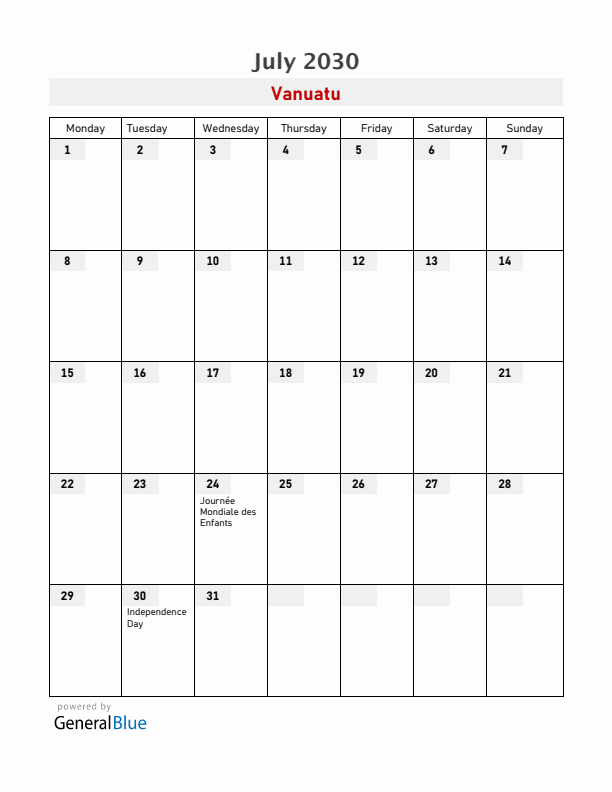 Vanuatu July 2030 Calendar with Holidays