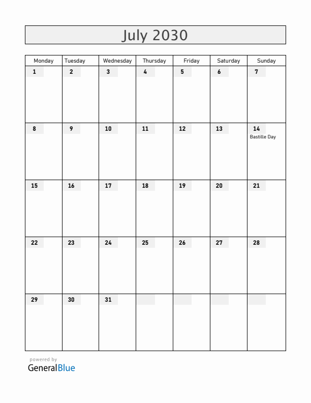 Mayotte July 2030 Calendar with Holidays