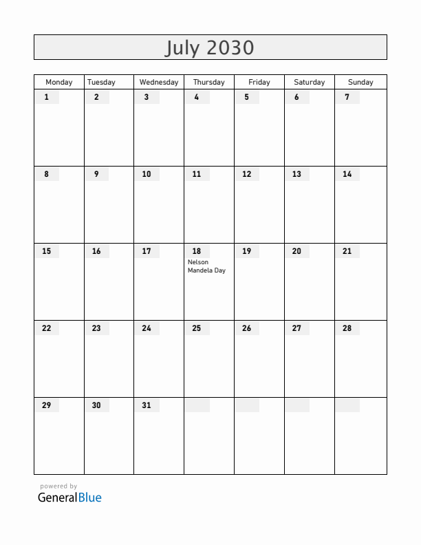 South Africa July 2030 Calendar with Holidays