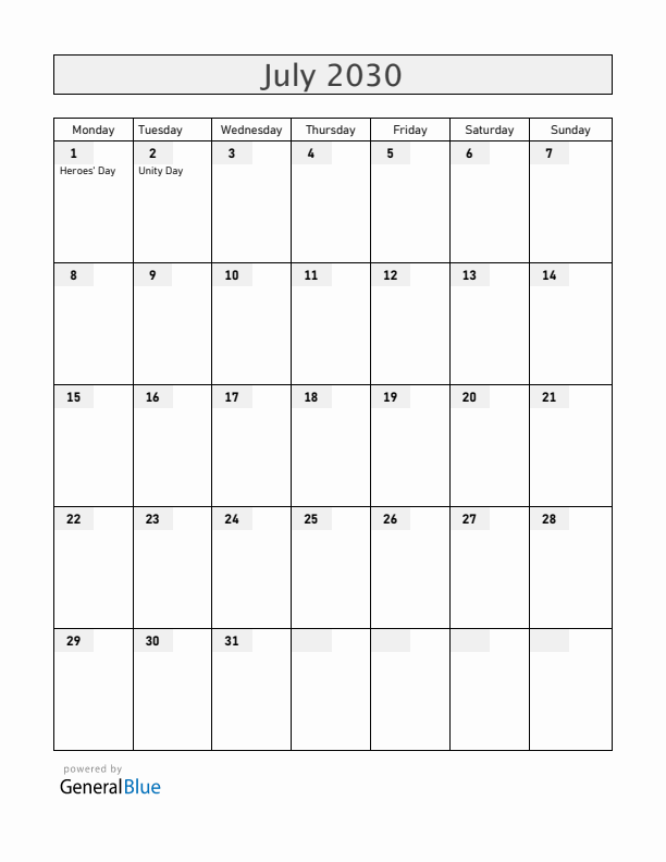 Zambia July 2030 Calendar with Holidays