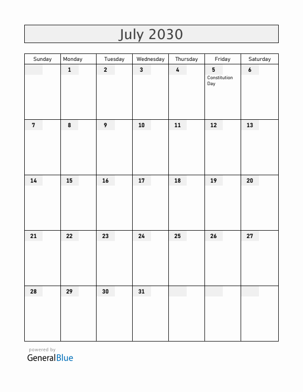 Armenia July 2030 Calendar with Holidays