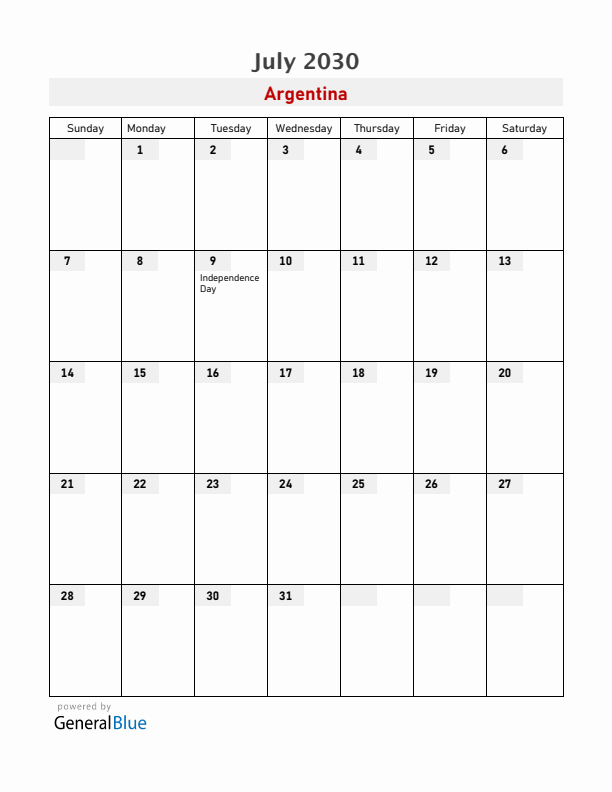Argentina July 2030 Calendar with Holidays