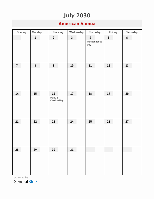 American Samoa July 2030 Calendar with Holidays
