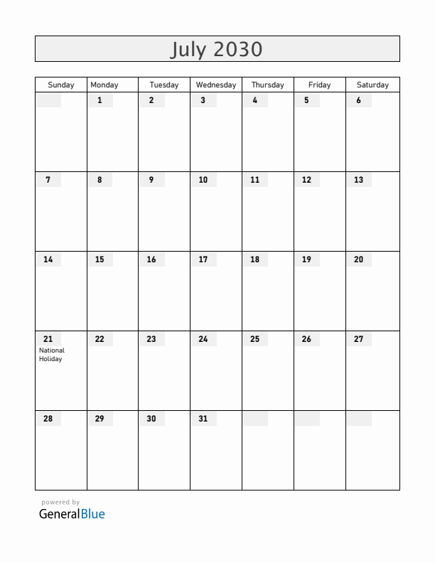 Belgium July 2030 Calendar with Holidays