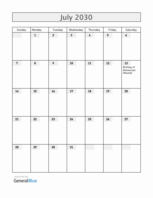 Burkina Faso July 2030 Calendar with Holidays