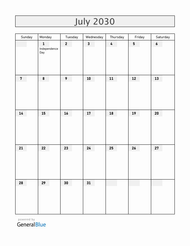 Burundi July 2030 Calendar with Holidays