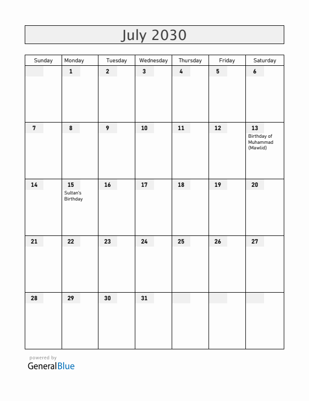 Brunei July 2030 Calendar with Holidays