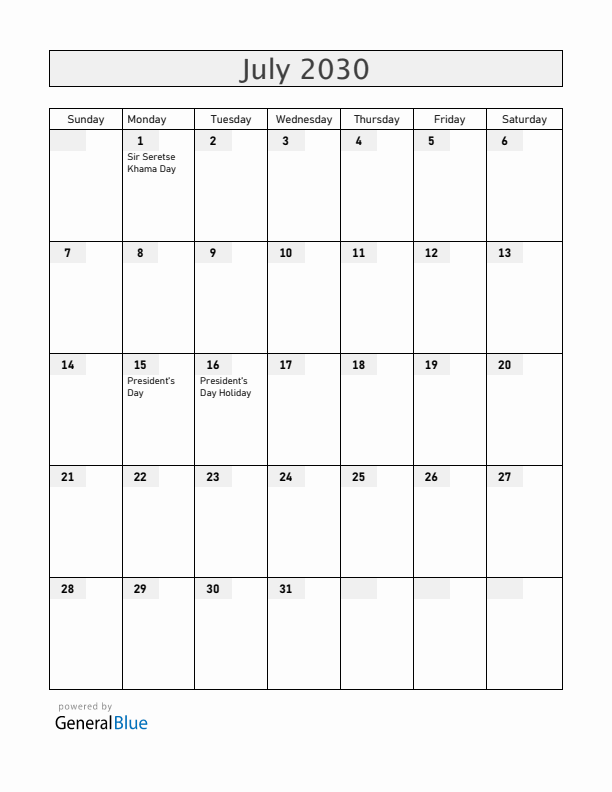 Botswana July 2030 Calendar with Holidays