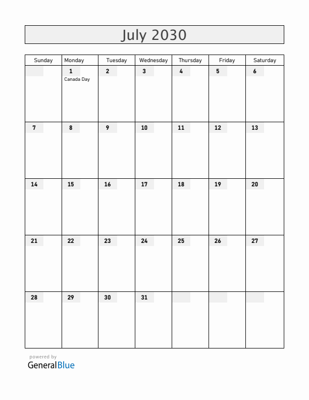Canada July 2030 Calendar with Holidays