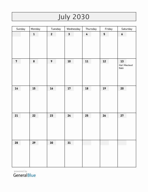 Cocos Islands July 2030 Calendar with Holidays