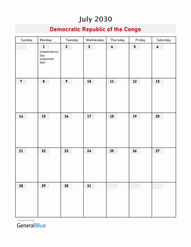Democratic Republic of the Congo July 2030 Calendar with Holidays