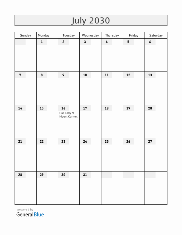 Chile July 2030 Calendar with Holidays