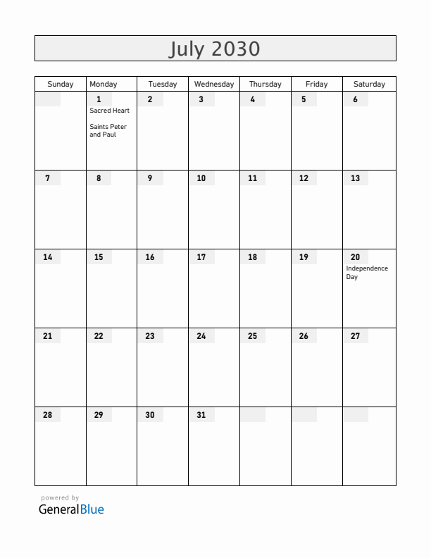Colombia July 2030 Calendar with Holidays