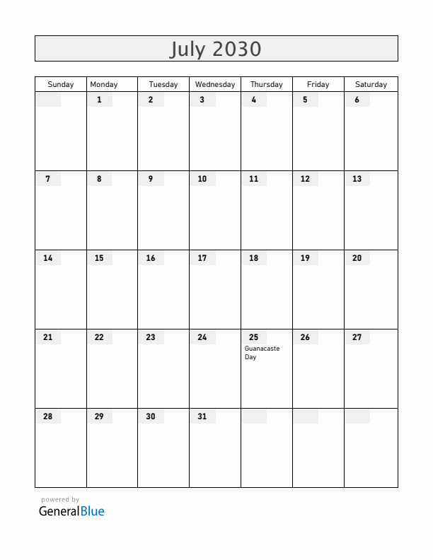 Costa Rica July 2030 Calendar with Holidays