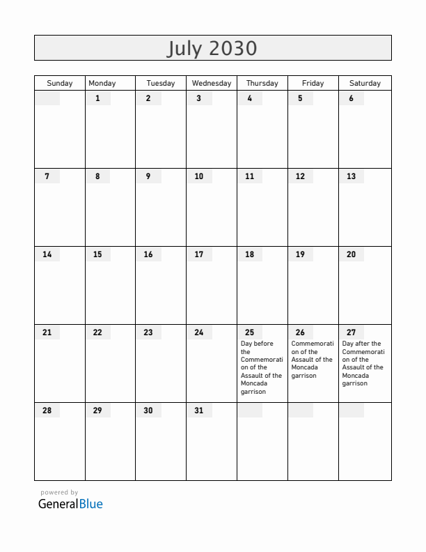 Cuba July 2030 Calendar with Holidays