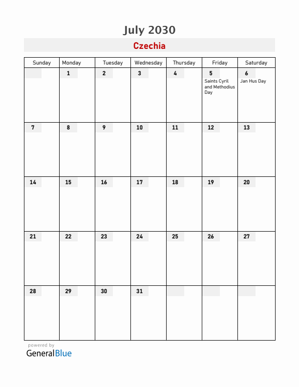 Czechia July 2030 Calendar with Holidays