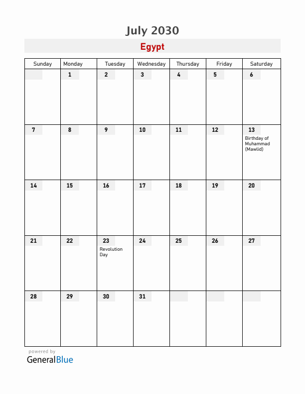 Egypt July 2030 Calendar with Holidays