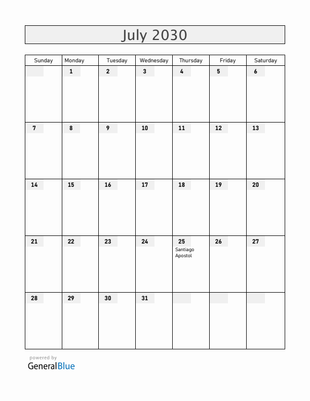 Spain July 2030 Calendar with Holidays