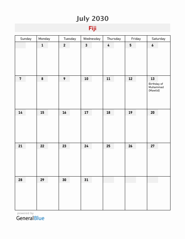 Fiji July 2030 Calendar with Holidays