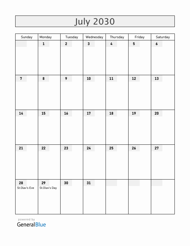 Faroe Islands July 2030 Calendar with Holidays