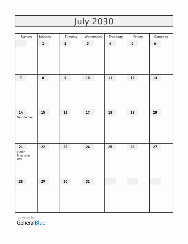 Guadeloupe July 2030 Calendar with Holidays